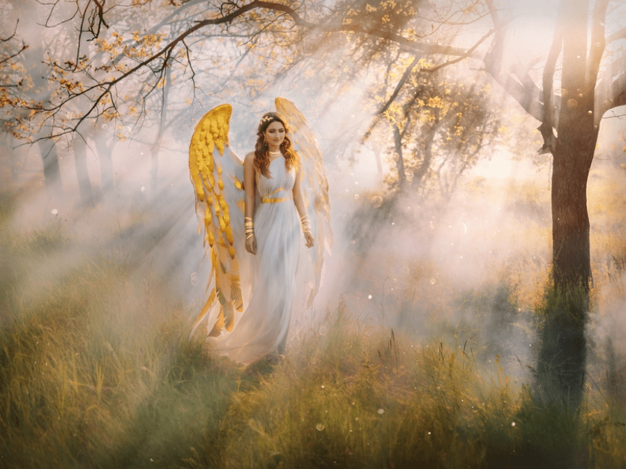 Woman Angel with Golden Wings